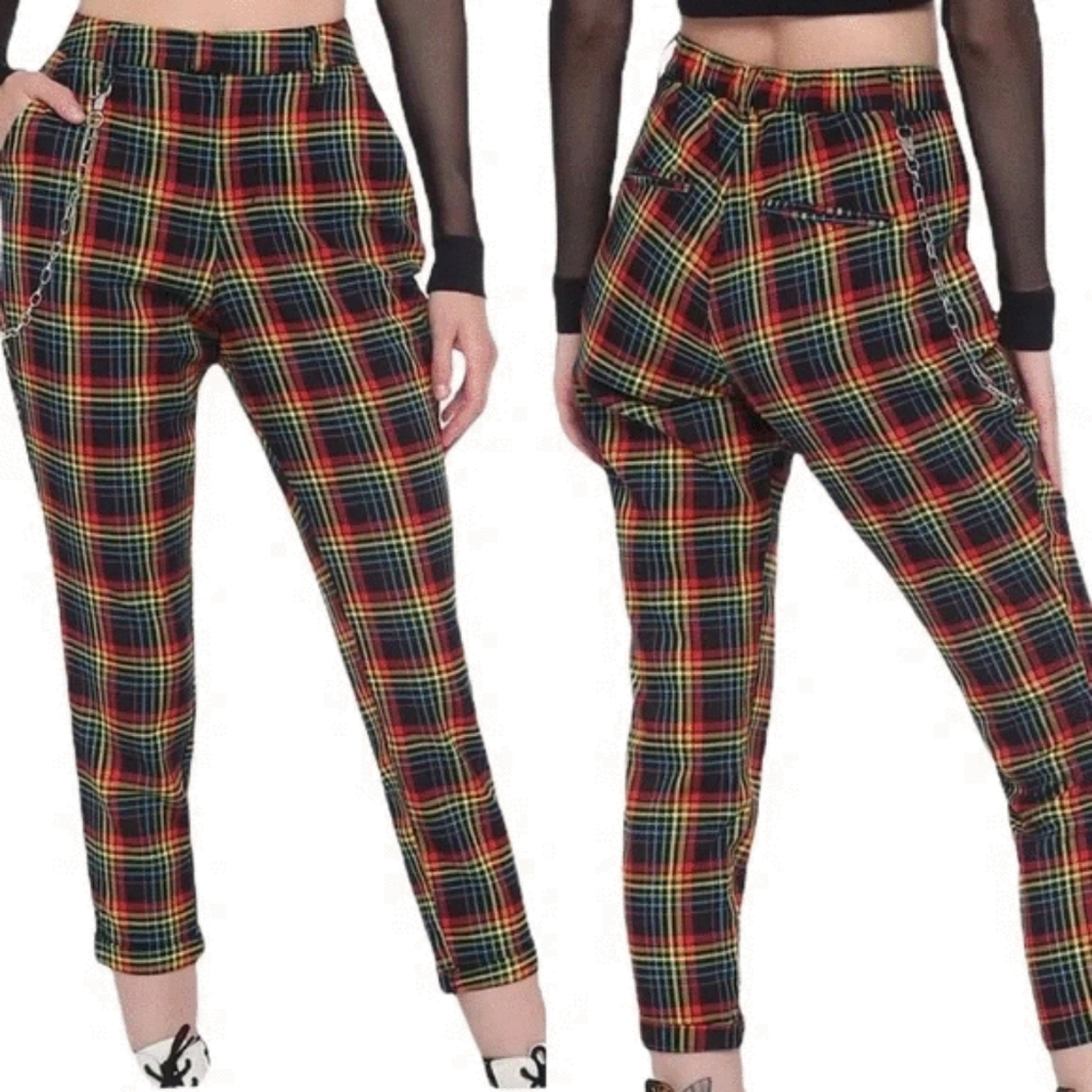 Rainbow Plaid High Waist Pinstripe Punk Pants Hot Topic XL New Tags